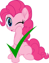 Size: 785x1000 | Tagged: safe, artist:spookitty, part of a set, pinkie pie, earth pony, pony, :p, check mark, cute, diapinkes, female, looking at you, mare, movie accurate, one eye closed, silly, simple background, sitting, smiling, solo, tongue out, transparent background, wink