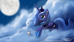 Size: 2400x1350 | Tagged: safe, artist:johnjoseco, princess luna, alicorn, pony, artifact, cloud, cloudy, cutie mark, earbuds, female, full moon, grin, hooves, horn, ipod, jewelry, lying on a cloud, mare, moon, mp3 player, night, night sky, on a cloud, photoshop, prone, regalia, s1 luna, sky, smiling, solo, stars, tiara, wallpaper, wings