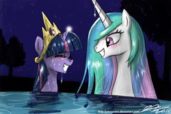 Size: 1260x840 | Tagged: safe, artist:johnjoseco, princess celestia, twilight sparkle, unicorn twilight, alicorn, pony, unicorn, accessory swap, blushing, female, grin, katy perry, last friday night, lesbian, mare, night, photoshop, shipping, skinny dipping, smiling, song reference, swimming, twilestia, water, wet mane