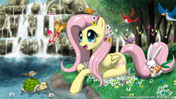 Size: 2400x1350 | Tagged: safe, artist:johnjoseco, angel bunny, derpy hooves, dinky hooves, fluttershy, bird, butterfly, pegasus, pony, turtle, carrot, female, flower, flower in hair, flower patch, mare, photoshop, prone, scenery, solo focus, tail pillow, wallpaper, water, waterfall