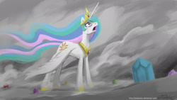 Size: 2400x1350 | Tagged: safe, artist:johnjoseco, princess celestia, alicorn, pony, crying, elements of harmony, feels, female, mare, photoshop, proto scene interpretation, sad, solo, wallpaper, wings down