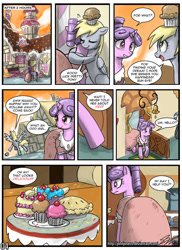 Size: 780x1073 | Tagged: safe, artist:johnjoseco, derpy hooves, north star, pegasus, pony, unicorn, comic:north star dwells, banana split, cake, comic, cupcake, duo, duo female, female, food, mare, muffin, photoshop, pie, sugarcube corner