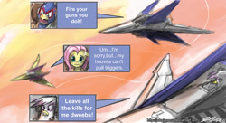 Size: 1200x655 | Tagged: safe, artist:johnjoseco, fluttershy, gilda, griffon, pegasus, pony, 3:, angry, arwing, crossover, dweeb, falco lombardi, female, floppy ears, frown, mare, nervous, nintendo, open mouth, photoshop, star fox, sweatdrop, yelling