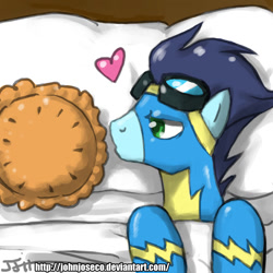 Size: 900x900 | Tagged: safe, artist:johnjoseco, soarin', pegasus, pony, bed, cargo ship, crack shipping, goggles, heart, kissing, male, morning ponies, on back, photoshop, pie, shipping, stallion, that pony sure does love pies, wonderbolts uniform