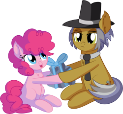 Size: 7443x6944 | Tagged: safe, artist:cyanlightning, igneous rock pie, pinkie pie, earth pony, pony, .svg available, absurd resolution, blank flank, duo, ear fluff, eyes closed, father and child, father and daughter, female, filly, filly pinkie pie, hat, lidded eyes, male, parent and child, present, rock, simple background, sitting, smiling, stallion, transparent background, upsies, vector, younger