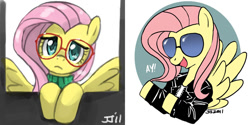 Size: 1200x600 | Tagged: safe, artist:johnjoseco, fluttershy, pegasus, pony, clothes, crossover, female, glasses, happy days, leather jacket, mare, meganekko, photoshop, sweater, sweatershy, the fonz