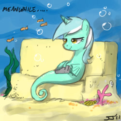 Size: 600x600 | Tagged: safe, artist:johnjoseco, lyra heartstrings, fish, sea pony, seahorse, 2011, artifact, background pony, female, meanwhile, photoshop, seapony lyra, sitting, solo, underwater