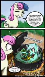 Size: 600x1012 | Tagged: safe, artist:johnjoseco, bon bon, lyra heartstrings, sweetie drops, earth pony, pony, sea pony, unicorn, comic, cooked alive, cooking, cooking vore, dialogue, eyes closed, female, grin, i didn't put those in my bag, implied cannibalism, implied vore, junji ito, mare, open mouth, photoshop, rubber duck, seapony lyra, silly, silly pony, smiling, speech bubble, squee, stew, sweat, sweatdrop, theme song, uzumaki, wat, wide eyes
