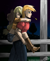 Size: 900x1084 | Tagged: safe, artist:johnjoseco, applejack, big macintosh, human, applejack's hat, boots, brother and sister, cowboy boots, cowboy hat, crying, duo, female, fence, hat, humanized, male, night, photoshop, piggyback ride, sad, straw in mouth