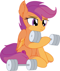 Size: 6035x7123 | Tagged: safe, artist:cyanlightning, scootaloo, pegasus, pony, .svg available, absurd resolution, chest fluff, dumbbell (object), ear fluff, exercise, female, filly, lidded eyes, simple background, sitting, smiling, solo, sweat, transparent background, vector