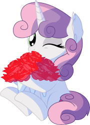 Size: 5565x7749 | Tagged: safe, artist:cyanlightning, sweetie belle, pony, unicorn, .svg available, absurd resolution, bouquet, cute, cutie mark, diasweetes, ear fluff, female, filly, flower, one eye closed, simple background, sitting, smiling, solo, tail stand, transparent background, vector