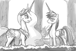 Size: 900x600 | Tagged: safe, artist:johnjoseco, princess celestia, princess luna, oc, oc:fausticorn, alicorn, pony, eye contact, female, grayscale, lauren faust, looking at each other, mare, monochrome, peeking, ponified, s1 luna, trio, trio female