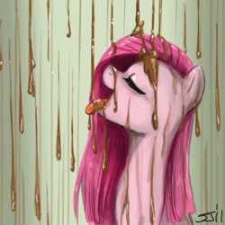 Size: 900x900 | Tagged: safe, artist:johnjoseco, pinkie pie, earth pony, pony, adobe imageready, chocolate, chocolate rain, drinking, dripping, eyes closed, female, food, mare, open mouth, pinkamena diane pie, profile, rain, smiling, solo, tongue out