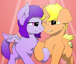 Size: 2848x2400 | Tagged: safe, artist:konigbouncer, oc, oc:bright idea, oc:marebox, pegasus, pony, unicorn, nuzzling, spread wings, wingboner