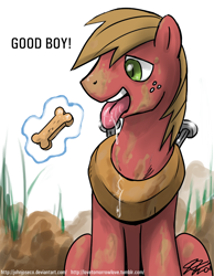 Size: 800x1029 | Tagged: safe, artist:johnjoseco, big macintosh, earth pony, pony, big macindog, discorded, dog treat, drool, male, sitting, solo, stallion