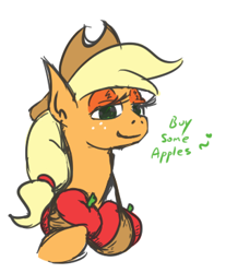 Size: 303x366 | Tagged: safe, artist:jargon scott, applejack, earth pony, pony, apple, bra, bra on pony, clothes, dialogue, fake breasts, female, food, lidded eyes, mare, simple background, smiling, solo, that pony sure does love apples, underwear, white background