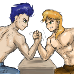 Size: 900x900 | Tagged: safe, artist:johnjoseco, braeburn, soarin', human, adobe imageready, arm wrestling, clothes, handsome, humanized, male, simple background, something for the ladies, stupid sexy braeburn, topless, white background