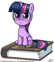 Size: 700x797 | Tagged: safe, artist:johnjoseco, twilight sparkle, unicorn twilight, pony, unicorn, :>, blushing, book, colored pupils, cute, female, filly, foal, glasses, hnnng, looking at you, simple background, sitting, smiling, solo, twiabetes, white background, younger