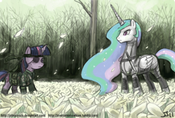 Size: 1000x675 | Tagged: safe, artist:johnjoseco, princess celestia, twilight sparkle, alicorn, pony, unicorn, adobe imageready, crossover, female, hilarious in hindsight, konami, mare, metal gear, metal gear solid 3, naked snake, the boss