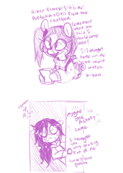 Size: 654x921 | Tagged: safe, artist:whydomenhavenipples, oc, oc only, oc:floor bored, oc:taku, earth pony, pony, backpack, bags under eyes, braces, clothes, comic, dialogue, door, duo, female, flies, floppy ears, glasses, hoodie, hoof hold, mare, messy mane, monochrome, nervous, nervous sweat, otaku, peeking, scared, shrunken pupils, simple background, sweat, sweater, white background