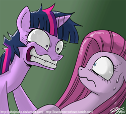 Size: 900x818 | Tagged: safe, artist:johnjoseco, pinkie pie, twilight sparkle, earth pony, pony, unicorn, adobe imageready, eye contact, female, floppy ears, frown, gradient background, grin, insanity, lesbian, mare, messy mane, nose wrinkle, pinkamena diane pie, shipping, smiling, snapplemena, sweat, twilight snapple, twinkie, wavy mouth, wide eyes