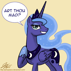 Size: 700x700 | Tagged: safe, artist:johnjoseco, princess luna, alicorn, pony, adobe imageready, female, mare, raised hoof, reaction image, simple background, solo, speech bubble, u mad, ye olde english