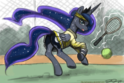 Size: 1000x667 | Tagged: safe, artist:johnjoseco, princess luna, alicorn, pony, adobe imageready, clothes, featureless crotch, female, headband, looking at you, magic, mare, open mouth, plot, running, skirt, solo, sweat, sweater, telekinesis, tennis, underhoof
