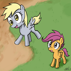 Size: 800x800 | Tagged: safe, artist:johnjoseco, derpy hooves, scootaloo, pegasus, pony, adobe imageready, duo, duo female, female, filly, foal