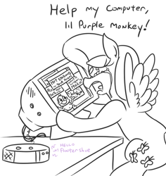Size: 754x800 | Tagged: safe, artist:jargon scott, fluttershy, pegasus, pony, adware, alexa, bonzi buddy, computer, crying, dialogue, female, funny, mare, partial color, simple background, solo, speakers, teary eyes, white background