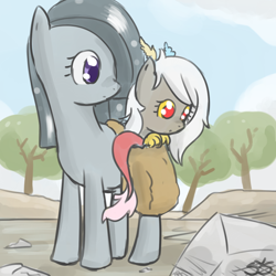 Size: 900x900 | Tagged: dead source, safe, artist:speccysy, discord, eris, marble pie, earth pony, pony, adoreris, cute, duo, duo female, female, marblebetes, mare, rock, rock farm, rule 63, rule63betes, saddle bag, tree