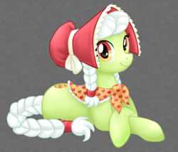 Size: 700x600 | Tagged: safe, artist:clemikou, granny smith, earth pony, pony, adobe imageready, adorasmith, bonnet, clothes, cute, female, mare, prone, solo, young granny smith