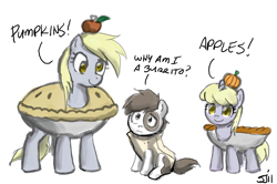 Size: 900x598 | Tagged: safe, artist:johnjoseco, derpy hooves, dinky hooves, pipsqueak, earth pony, pegasus, pony, unicorn, adobe imageready, apple, burrito, clothes, colt, costume, female, filly, male, mare, pie, pumpkin, simple background, trio, white background