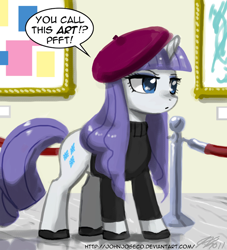 Size: 900x990 | Tagged: safe, artist:johnjoseco, rarity, pony, unicorn, adobe imageready, alternate hairstyle, art, art gallery, beatnik rarity, beret, clothes, female, gallery, hat, mare, modern art, pfft, solo, sweater