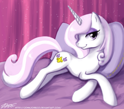 Size: 1000x885 | Tagged: safe, artist:johnjoseco, fleur-de-lis, pony, unicorn, adobe imageready, bed, female, looking at you, mare, on side, pillow, skunk stripe, solo