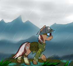 Size: 1280x1164 | Tagged: safe, artist:frecklesfanatic, oc, oc only, oc:roulette, earth pony, pony, fallout equestria, clothes, female, goggles, helmet, mare, military, ncr, rain, saddle bag, solo