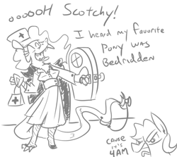 Size: 547x489 | Tagged: safe, artist:jargon scott, butterscotch, discord, eris, fluttershy, draconequus, pegasus, pony, angry, animaniacs, black and white, grayscale, monochrome, nurse, nurse outfit, pointy boobs, rule 63, sketch