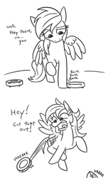Size: 752x1240 | Tagged: safe, artist:jargon scott, rainbow dash, pegasus, pony, about to have tail sucked into a roomba, biting, black and white, bonk, comic, confused, dialogue, female, flying, frown, grayscale, mare, monochrome, open mouth, raised eyebrow, raised hoof, raised leg, roomba, roombadash, roombashy, screaming, simple background, slice of life, solo, spread wings, surprised, tail, tail bite, tail pull, tongue out, vrrr, white background, wide eyes, wings