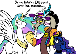 Size: 1000x714 | Tagged: safe, artist:mickeymonster, discord, princess celestia, princess luna, alicorn, draconequus, pony, bling, female, hat, leash, male, mare, pimp, pimp hat, simple background, white background