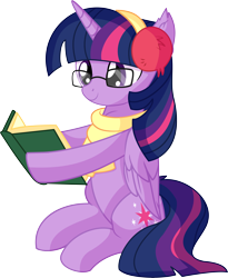 Size: 5738x7011 | Tagged: safe, artist:cyanlightning, twilight sparkle, twilight sparkle (alicorn), alicorn, pony, .svg available, absurd resolution, book, chest fluff, clothes, cute, ear fluff, female, folded wings, glasses, mare, reading, scarf, simple background, sitting, solo, transparent background, vector, wings
