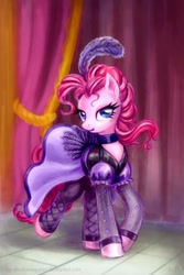 Size: 800x1200 | Tagged: safe, artist:kp-shadowsquirrel, pinkie pie, earth pony, pony, over a barrel, beautiful, burlesque, can-can, clothes, costume, dress, female, fishnets, mare, saloon dress, saloon pinkie, solo, this will end in war, wild west