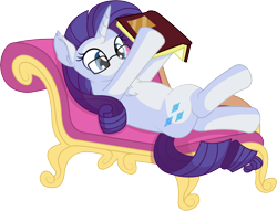 Size: 7468x5708 | Tagged: safe, artist:cyanlightning, rarity, pony, unicorn, .svg available, absurd resolution, adorkable, book, chest fluff, cute, cutie mark, dork, ear fluff, fainting couch, female, glasses, mare, nerd, on back, rarara, raribetes, reading, simple background, smiling, solo, transparent background, vector