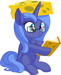 Size: 5791x7069 | Tagged: safe, artist:cyanlightning, princess luna, alicorn, pony, .svg available, absurd resolution, book, cheese, cheese hat, cheesehead, chest fluff, cute, ear fluff, eating, female, filly, folded wings, food, glasses, hat, lunabetes, possible green bay packers merchandise, precious, reading, simple background, sitting, solo, transparent background, vector, wings, woona, younger