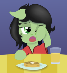 Size: 4000x4320 | Tagged: safe, artist:anonymousdrawfig, oc, oc only, oc:anon filly, breakfast, clothes, cute, female, filly, floppy ears, food, glass, juice, lidded eyes, milk, orange juice, pajamas, plate, solo, table, tired, waffle, yawn