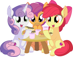 Size: 8070x6342 | Tagged: safe, artist:cyanlightning, apple bloom, scootaloo, sweetie belle, earth pony, pegasus, pony, unicorn, .svg available, absurd resolution, burger, chest fluff, chocolate, cute, cutie mark, cutie mark crusaders, ear fluff, eating, eclair, female, filly, folded wings, food, hair, hay burger, holding, open mouth, simple background, sitting, table, the cmc's cutie marks, transparent background, trio, trio female, vector, wings