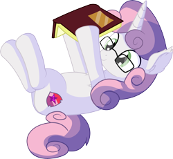 Size: 6682x6148 | Tagged: safe, artist:cyanlightning, sweetie belle, pony, unicorn, .svg available, absurd resolution, adorkable, book, chest fluff, cute, cutie mark, diasweetes, dork, ear fluff, female, filly, glasses, nerd, on back, reading, simple background, smiling, solo, tail stand, the cmc's cutie marks, transparent background, vector
