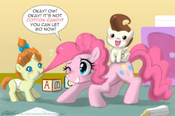 Size: 1100x729 | Tagged: safe, artist:johnjoseco, pinkie pie, pound cake, pumpkin cake, earth pony, pegasus, pony, unicorn, baby, baby pony, biting, cake twins, cotton candy, cube, diaper, female, foal, food, hair bite, mare, mouth hold, photoshop, ponies riding ponies, siblings, trio, twins