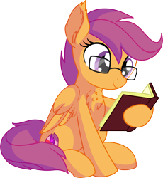 Size: 6168x6706 | Tagged: safe, artist:cyanlightning, scootaloo, pegasus, pony, .svg available, absurd resolution, adorkable, book, chest fluff, cute, cutealoo, dork, ear fluff, female, filly, glasses, nerd, reading, simple background, sitting, smiling, solo, transparent background, vector