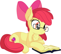 Size: 6836x6045 | Tagged: safe, artist:cyanlightning, apple bloom, earth pony, pony, .svg available, absurd resolution, adorkable, book, chest fluff, cute, dork, ear fluff, female, filly, glasses, nerd, prone, reading, simple background, sitting, smiling, solo, transparent background, vector