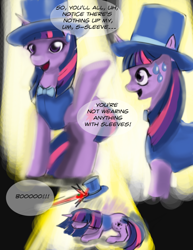 Size: 900x1165 | Tagged: safe, artist:gunslingerpen, twilight sparkle, unicorn twilight, pony, unicorn, comic:showmareship, comic, female, hat, mare, photoshop, solo, stage, top hat