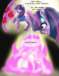 Size: 900x1165 | Tagged: safe, artist:gunslingerpen, twilight sparkle, unicorn twilight, pony, unicorn, comic:showmareship, comic, female, food, force field, magic, mare, photoshop, solo, teleportation, tomato